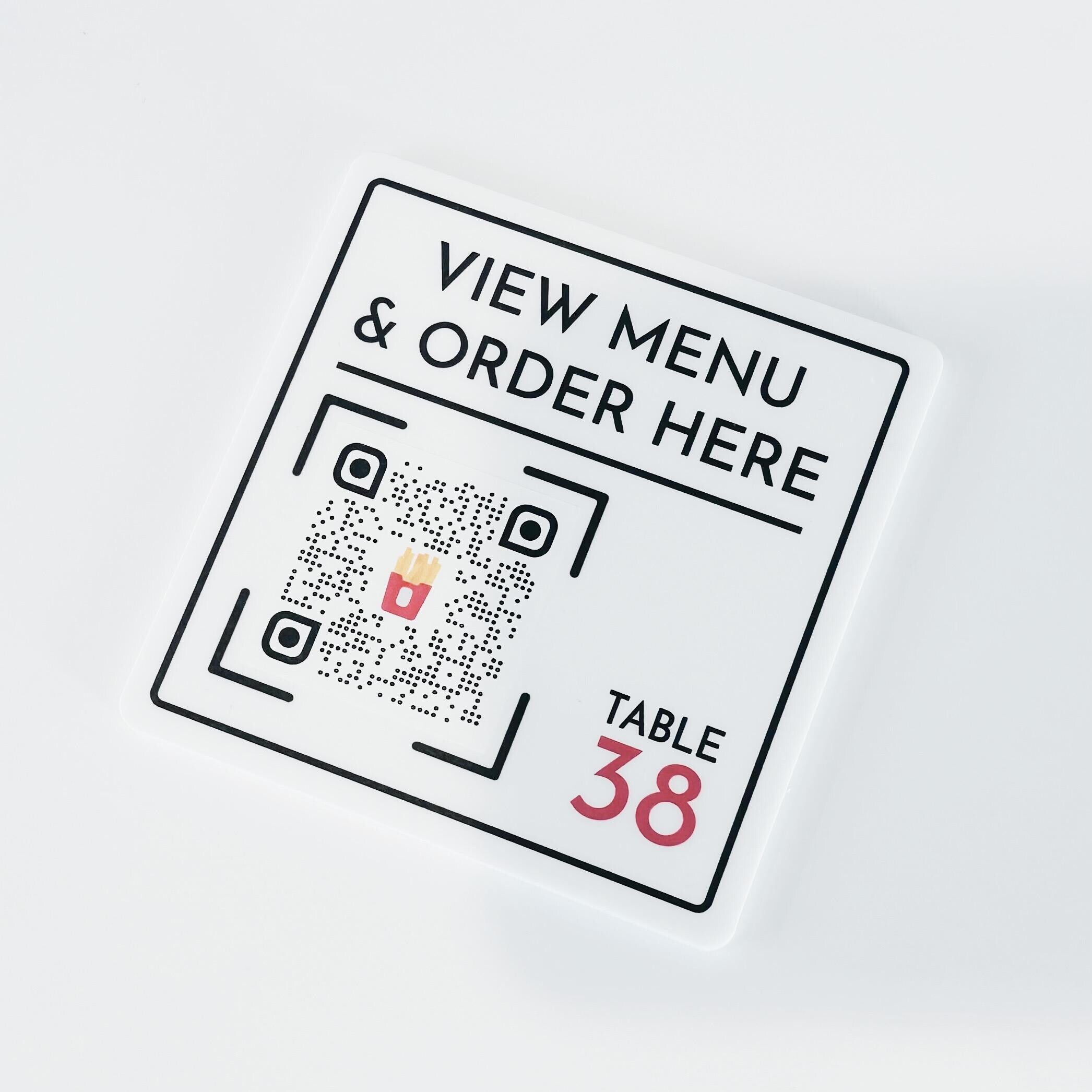 Restaurant or bar table ordering QR code plaques. personalised with own details, table number and custom QR code