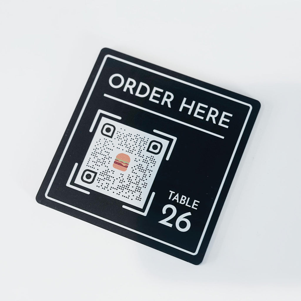 Restaurant or bar table ordering QR code plaques. personalised with own details, table number and custom QR code