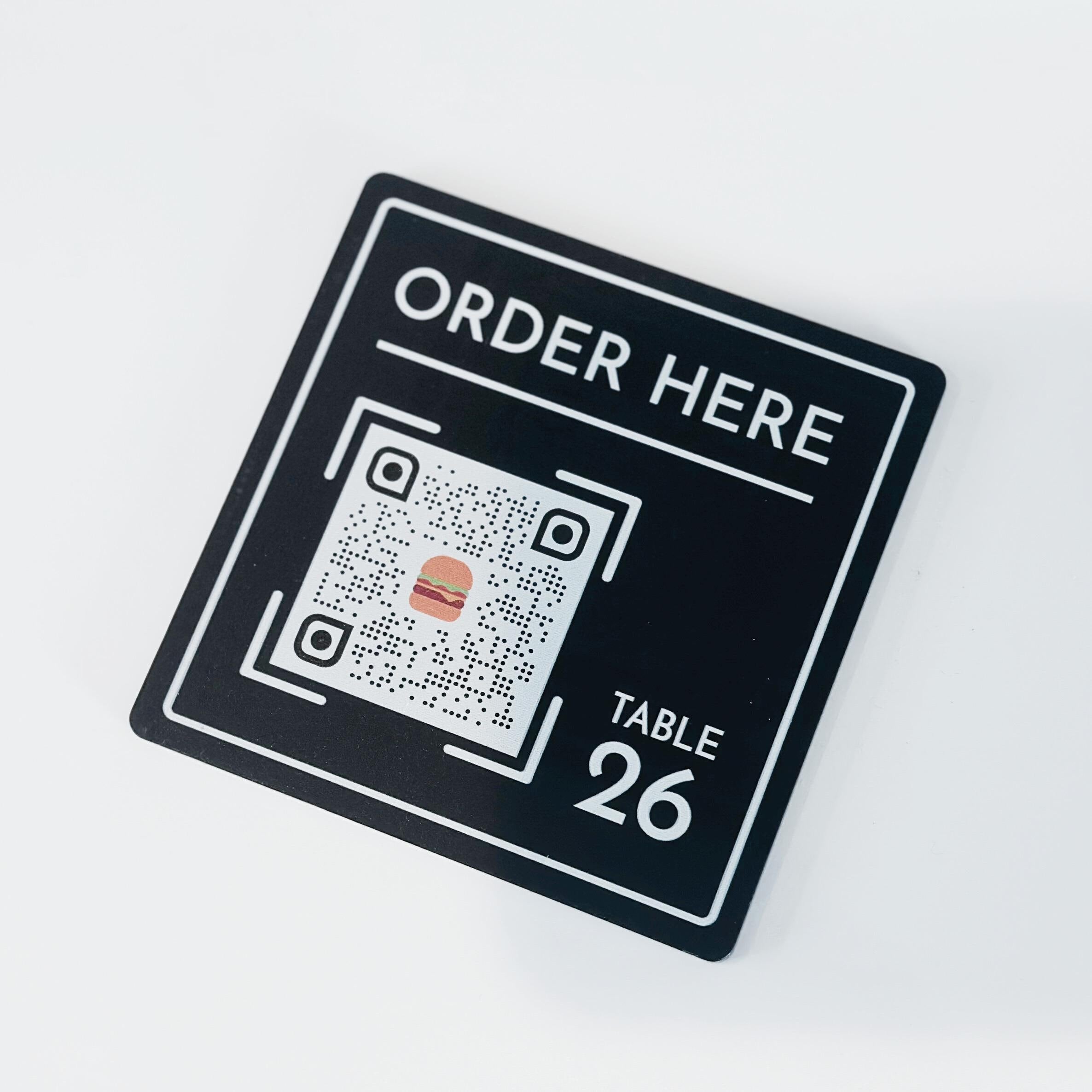 Restaurant or bar table ordering QR code plaques. personalised with own details, table number and custom QR code