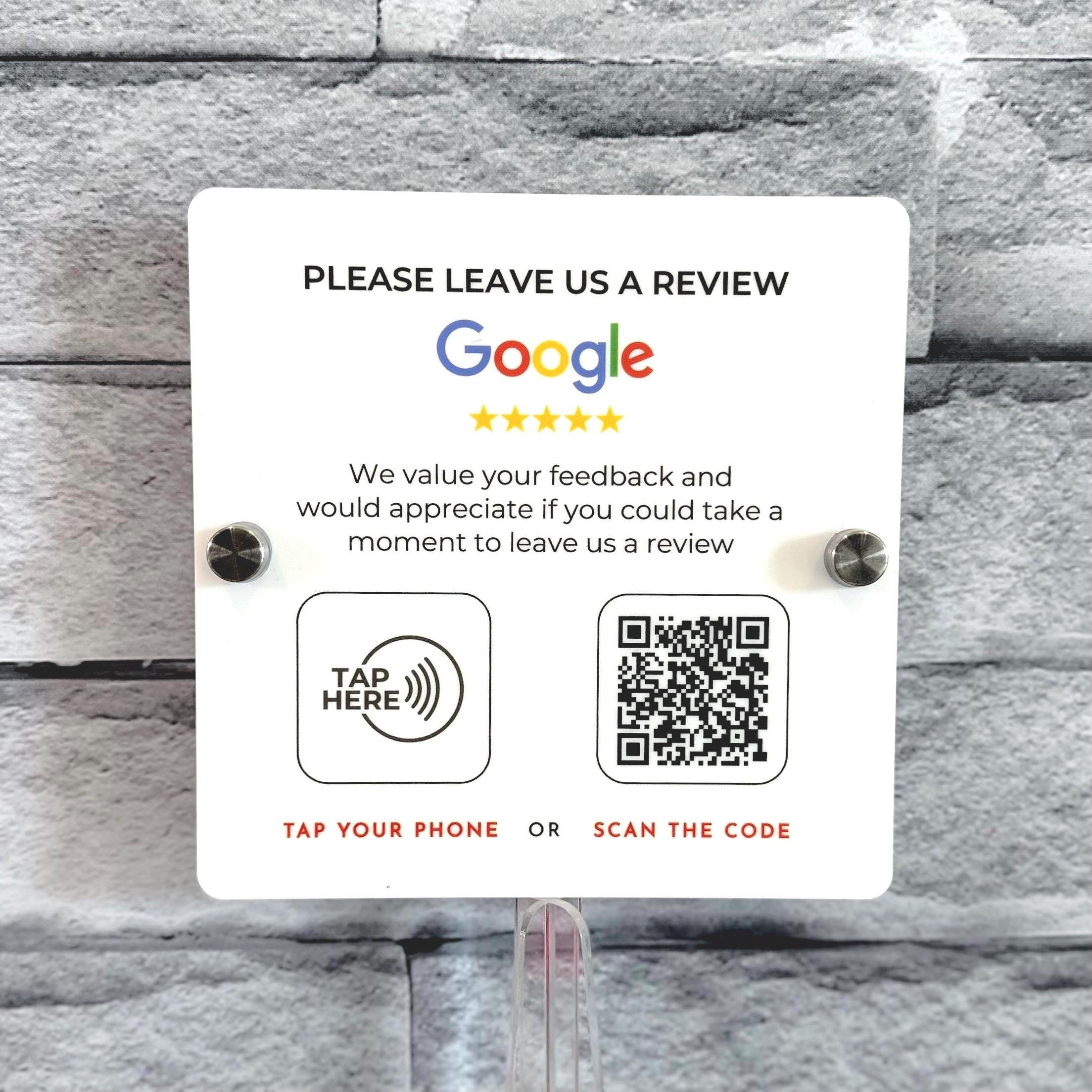 Wall-mounted acrylic Google Review sign with NFC tap and QR code. Features business logo, Google star rating, and 'Tap Your Phone' for easy customer reviews. Ideal for reception areas, salons, restaurants, and offices.