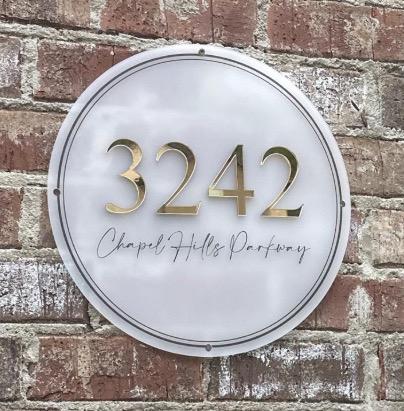 Modern personalised acrylic house number sign with gold mirror numbers and script street name, perfect for outdoor decor - SpartanUk