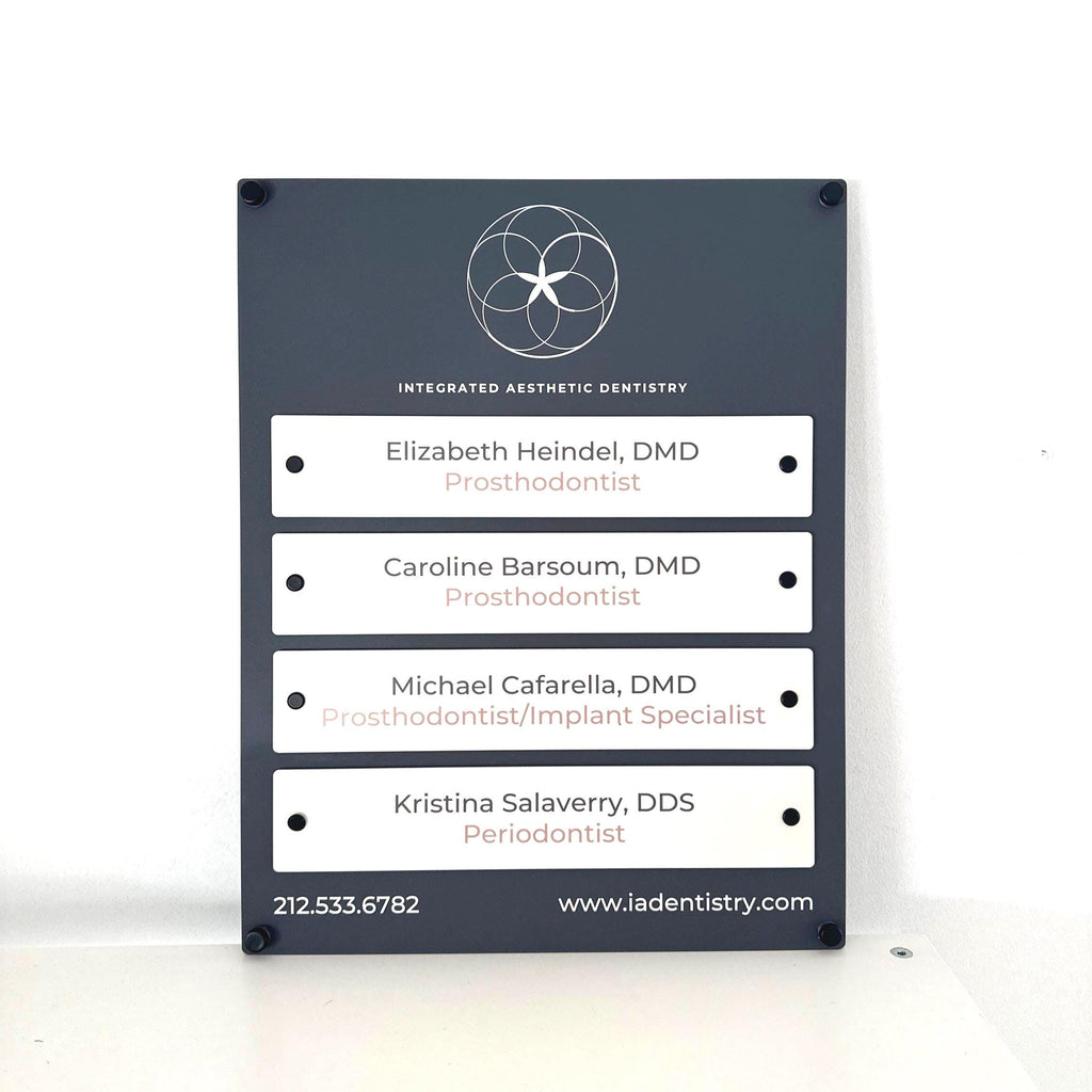 Custom Building Office Directory Sign or Registry Board with individual face mounted acrylic plaques. Wall mounted Business Wayfinding Signage, Outdoor or Indoor Acrylic Business Logo Sign | Made by Spartan Fabrication