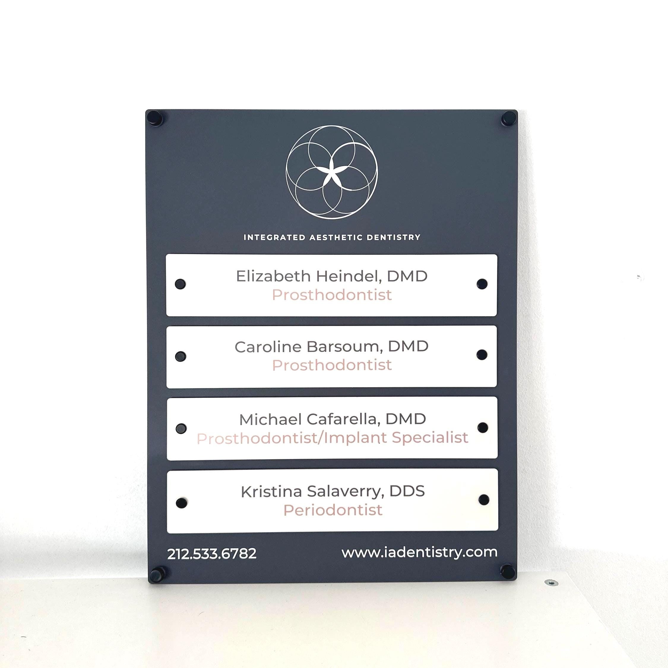 Custom Building Office Directory Sign or Registry Board with individual face mounted acrylic plaques. Wall mounted Business Wayfinding Signage, Outdoor or Indoor Acrylic Business Logo Sign | Made by Spartan Fabrication