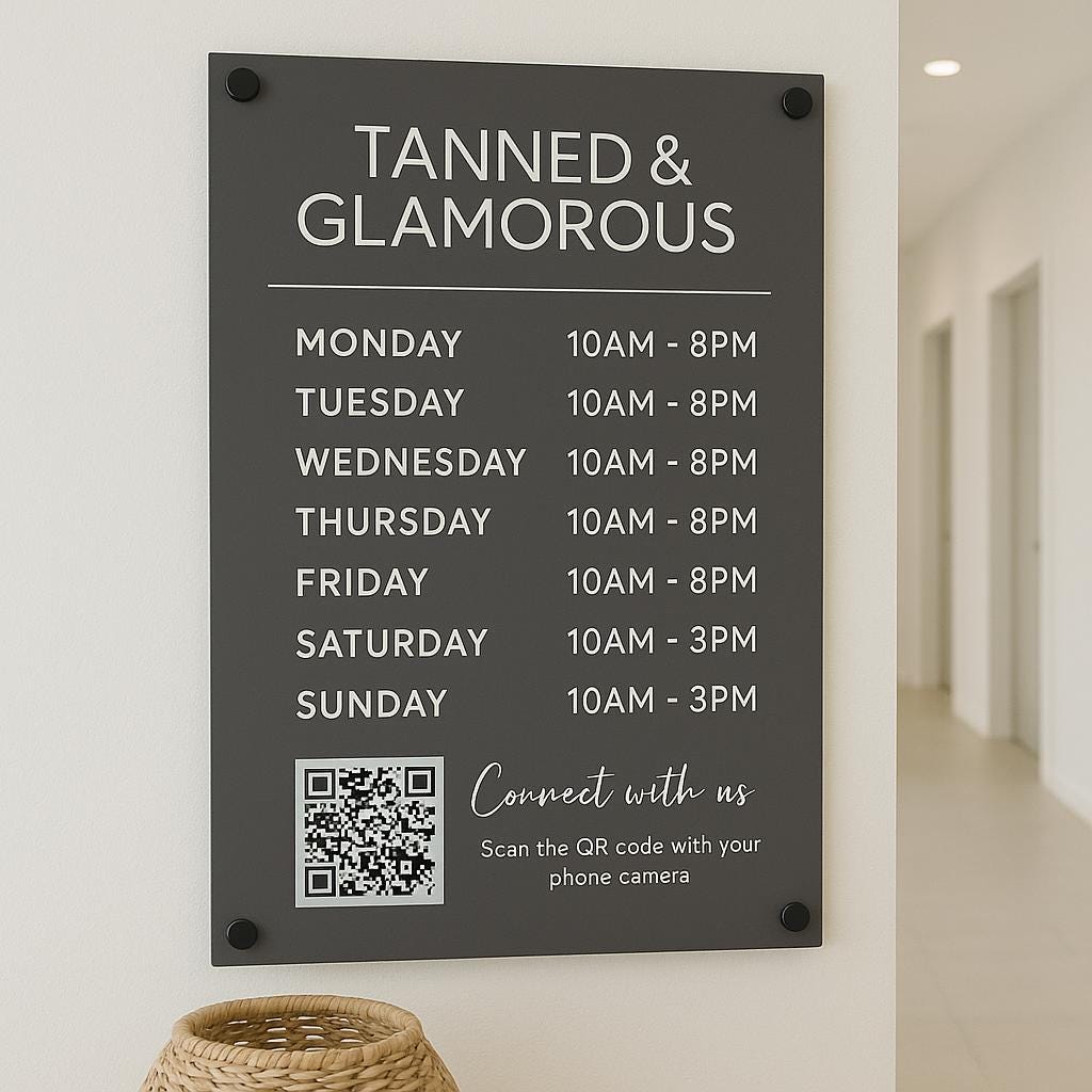 Personalised Acrylic Business Logo Sign, Personalised Shop Opening Times, Business Hours information, QR Code Signage Plaque, Salon Signs,