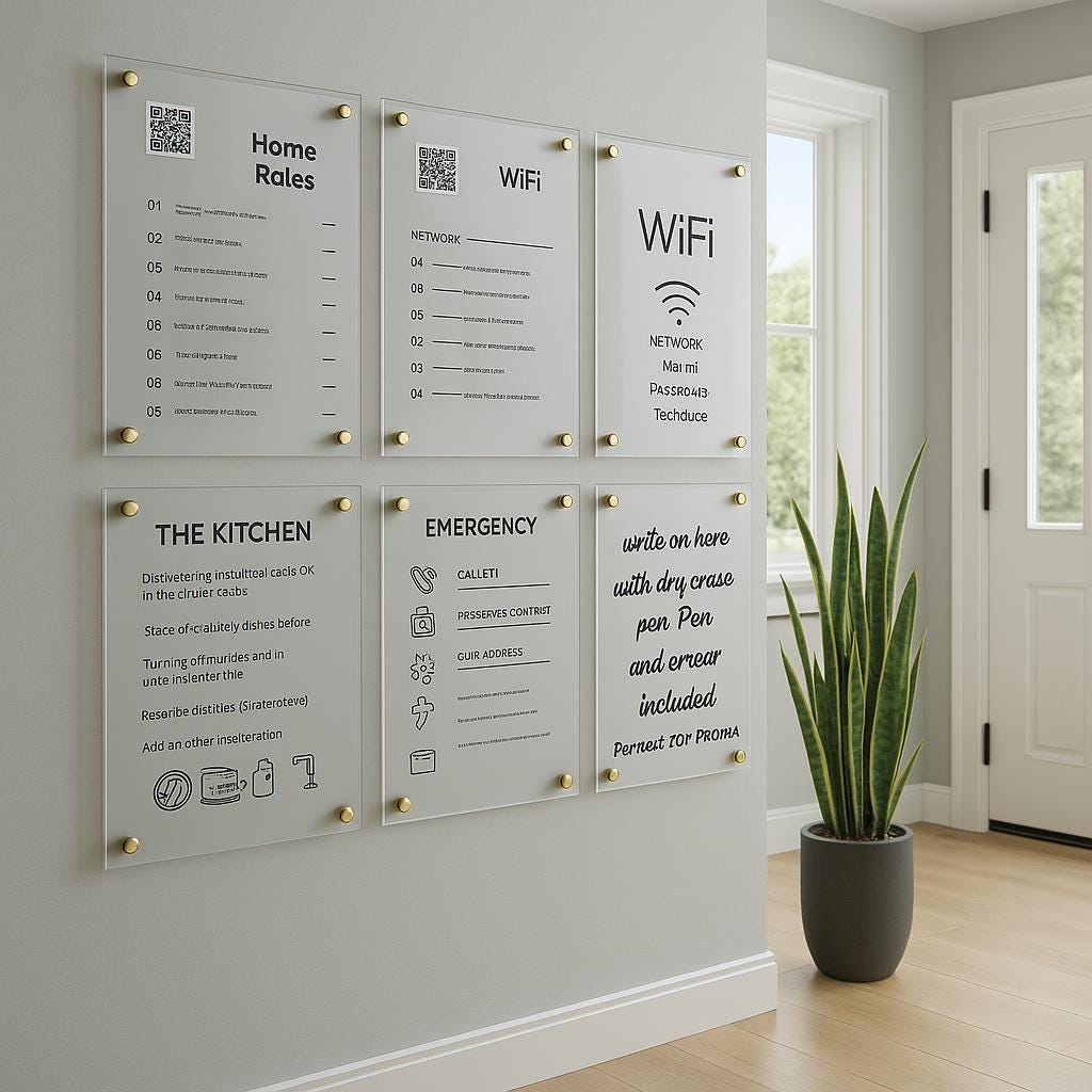 Set of 6 AirBNB Superhost Guest  Information Welcome Signs, Wall mounted custom acrylic. Guest welcome pack. Holiday Rental Villa Home