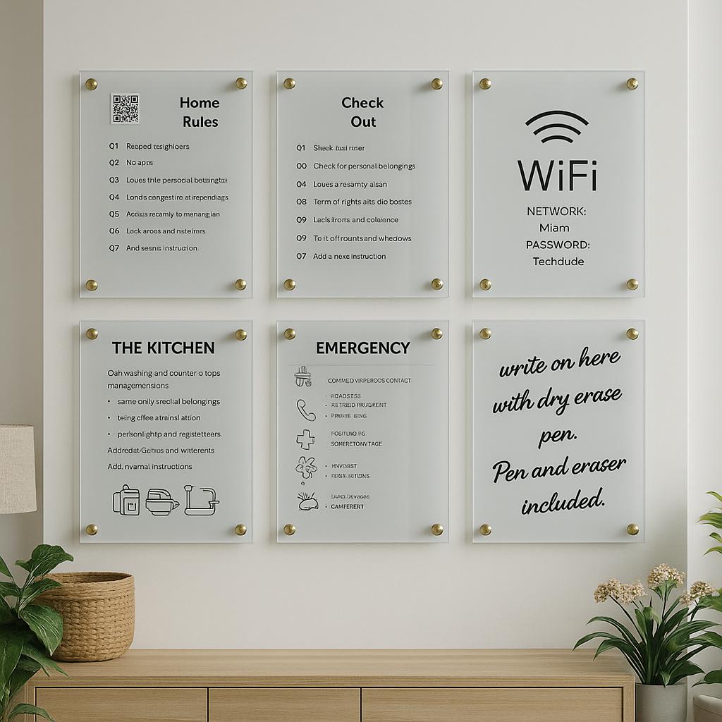 Set of 6 AirBNB Superhost Guest  Information Welcome Signs, Wall mounted custom acrylic. Guest welcome pack. Holiday Rental Villa Home