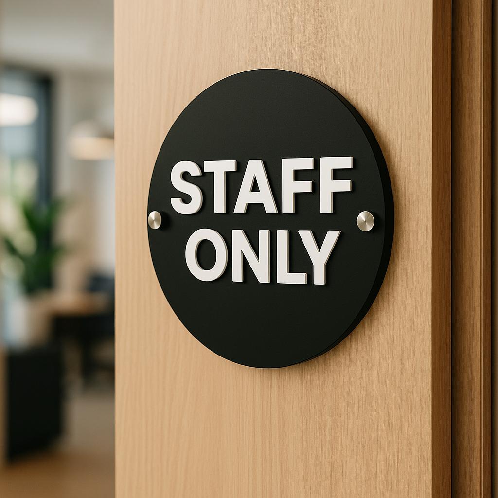 Wall-mounted matte black acrylic STAFF ONLY door sign with a modern white 3D acrylic lettering. Features silver standoff fixings for easy installation. Available in multiple colourways. Ideal for businesses, restaurants, offices, public washrooms