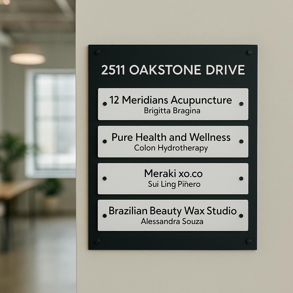 Custom Building Office Directory Sign or Registry Board with individual face mounted acrylic plaques. Wall mounted Business Wayfinding Signage, Outdoor or Indoor Acrylic Business Logo Sign | Made by Spartan Fabrication