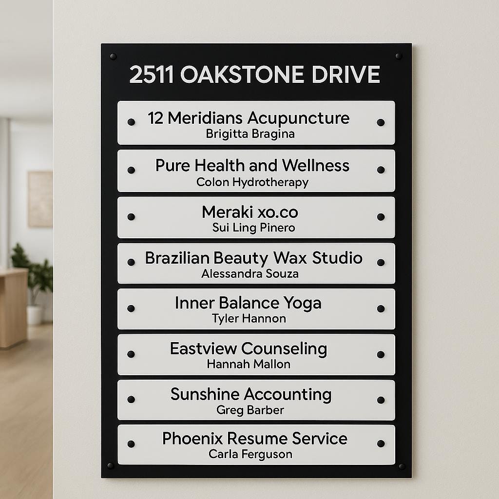 Custom Building Office Directory Sign or Registry Board with individual face mounted acrylic plaques. Wall mounted Business Wayfinding Signage, Outdoor or Indoor Acrylic Business Logo Sign | Made by Spartan Fabrication