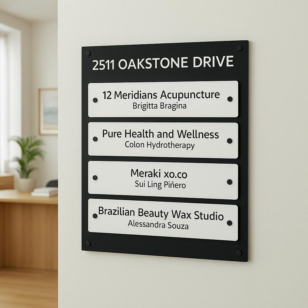 Custom Building Office Directory Sign or Registry Board with individual face mounted acrylic plaques. Wall mounted Business Wayfinding Signage, Outdoor or Indoor Acrylic Business Logo Sign | Made by Spartan Fabrication