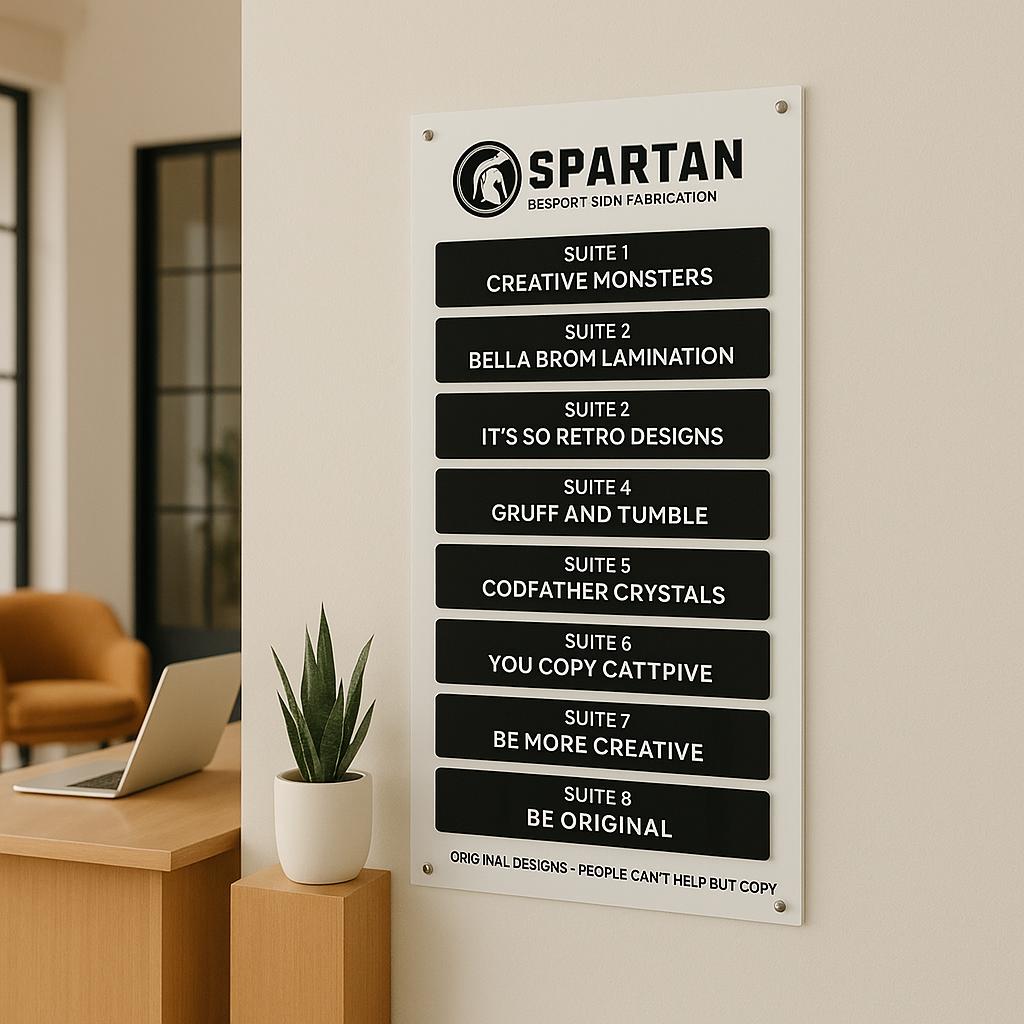 Custom Building Office Directory Sign or Registry Board with individual face mounted acrylic plaques. Wall mounted Business Wayfinding Signage, Outdoor or Indoor Acrylic Business Logo Sign | Made by Spartan Fabrication
