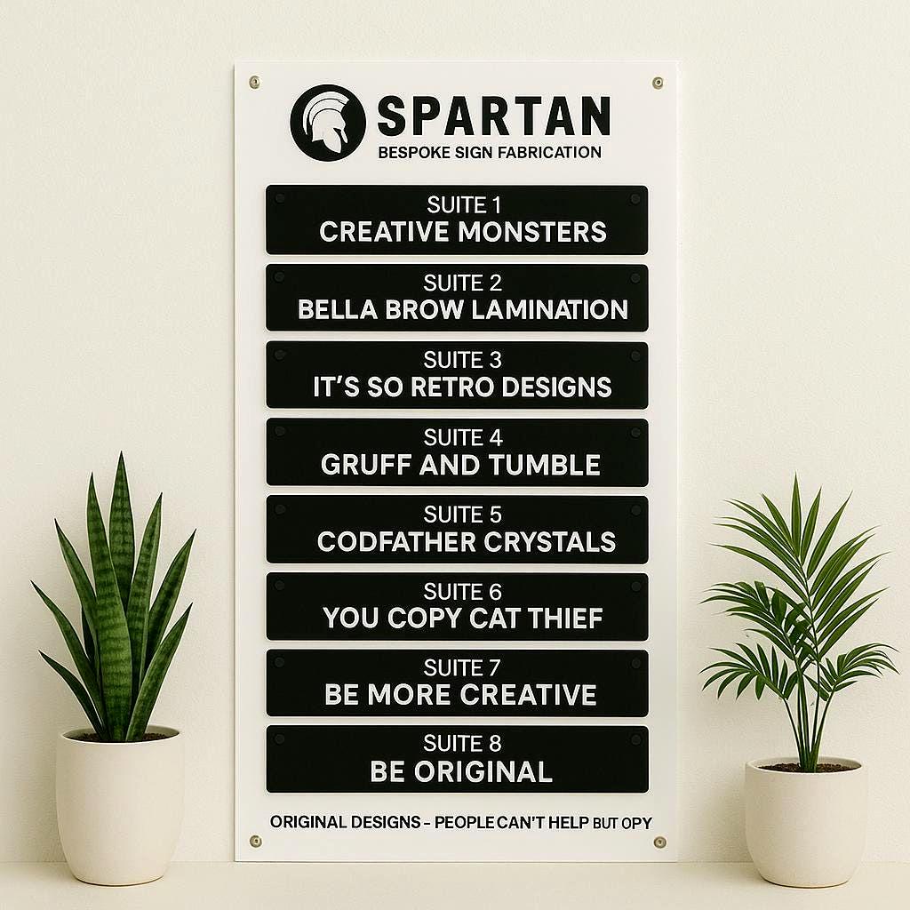 Custom Building Office Directory Sign or Registry Board with individual face mounted acrylic plaques. Wall mounted Business Wayfinding Signage, Outdoor or Indoor Acrylic Business Logo Sign | Made by Spartan Fabrication