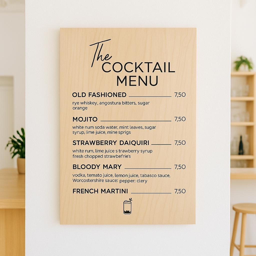 Personalized Wood Laminate Menu Sign: Business Logo, QR Code, Price Board for Salon, Event, Cocktail Bar