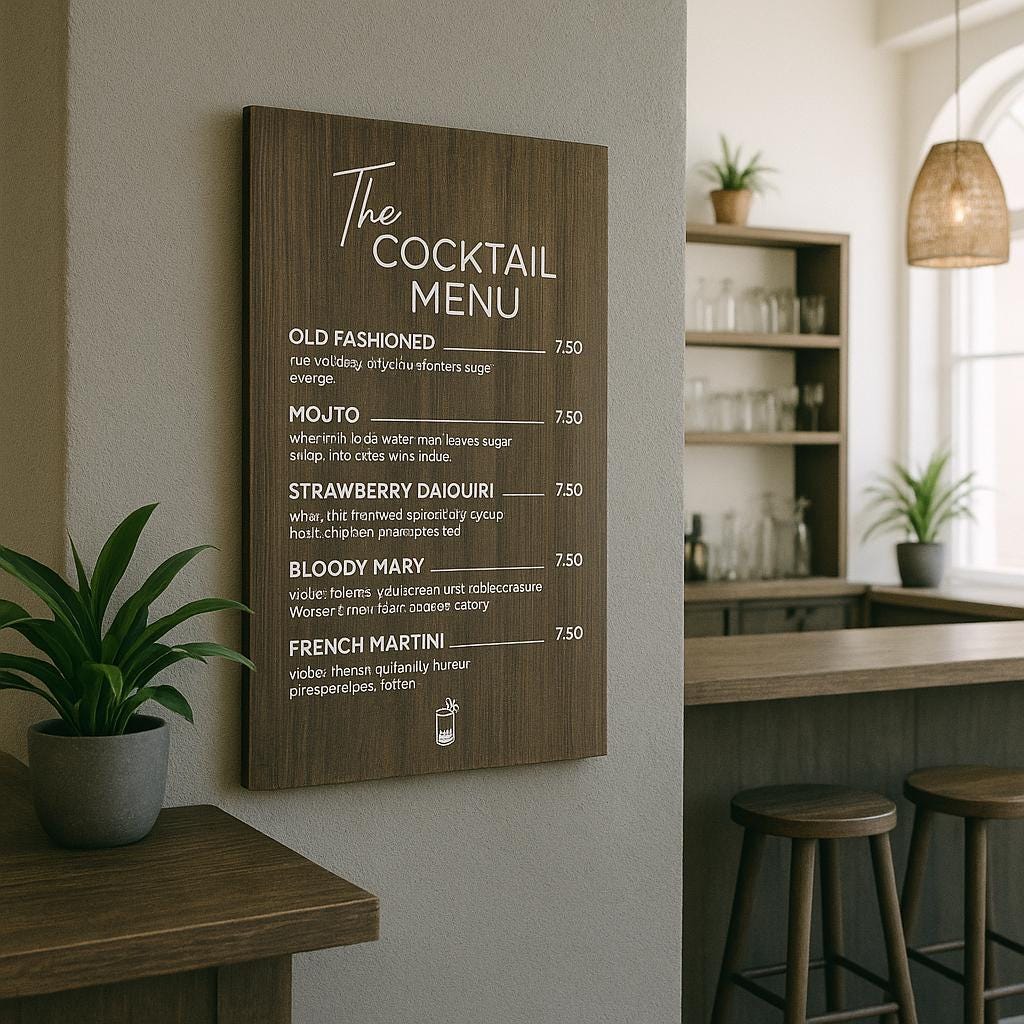 Personalised Wood Laminate Service Menu, Wooden Business Logo Sign, Cocktail Price Board, QR Code Signage Plaque, Salon Event Treatment