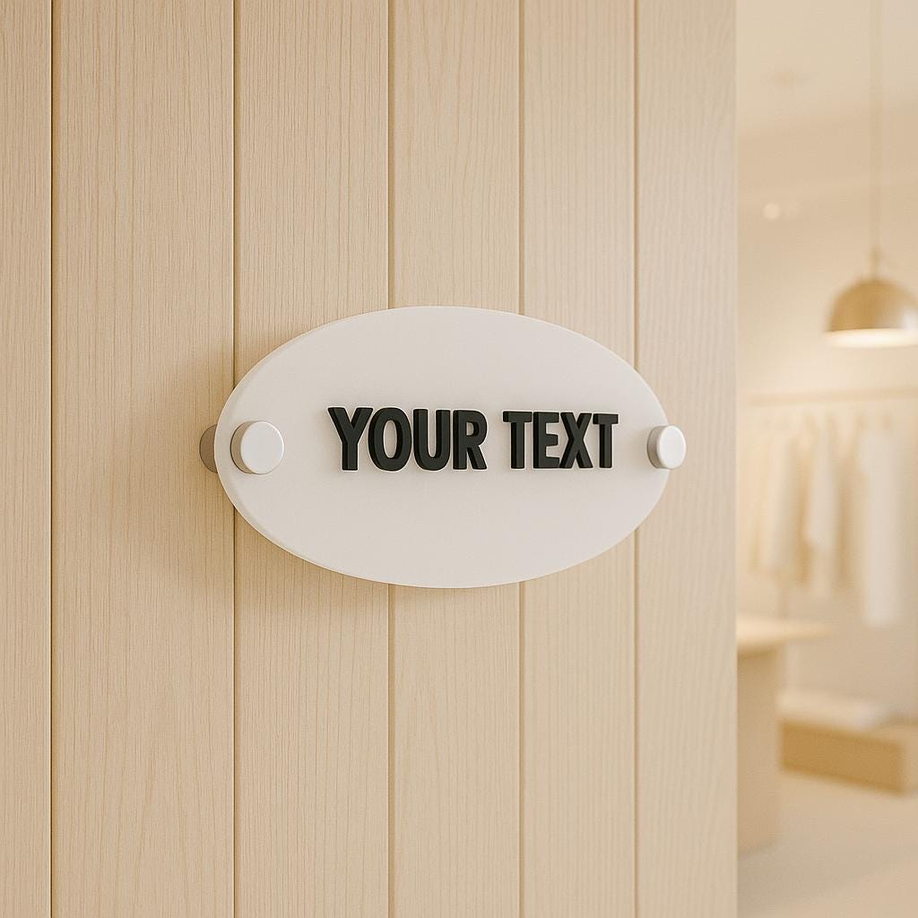 Personalised 3D office door name sign made from frosted white acrylic with raised custom text in a choice of premium mirore acrylic.