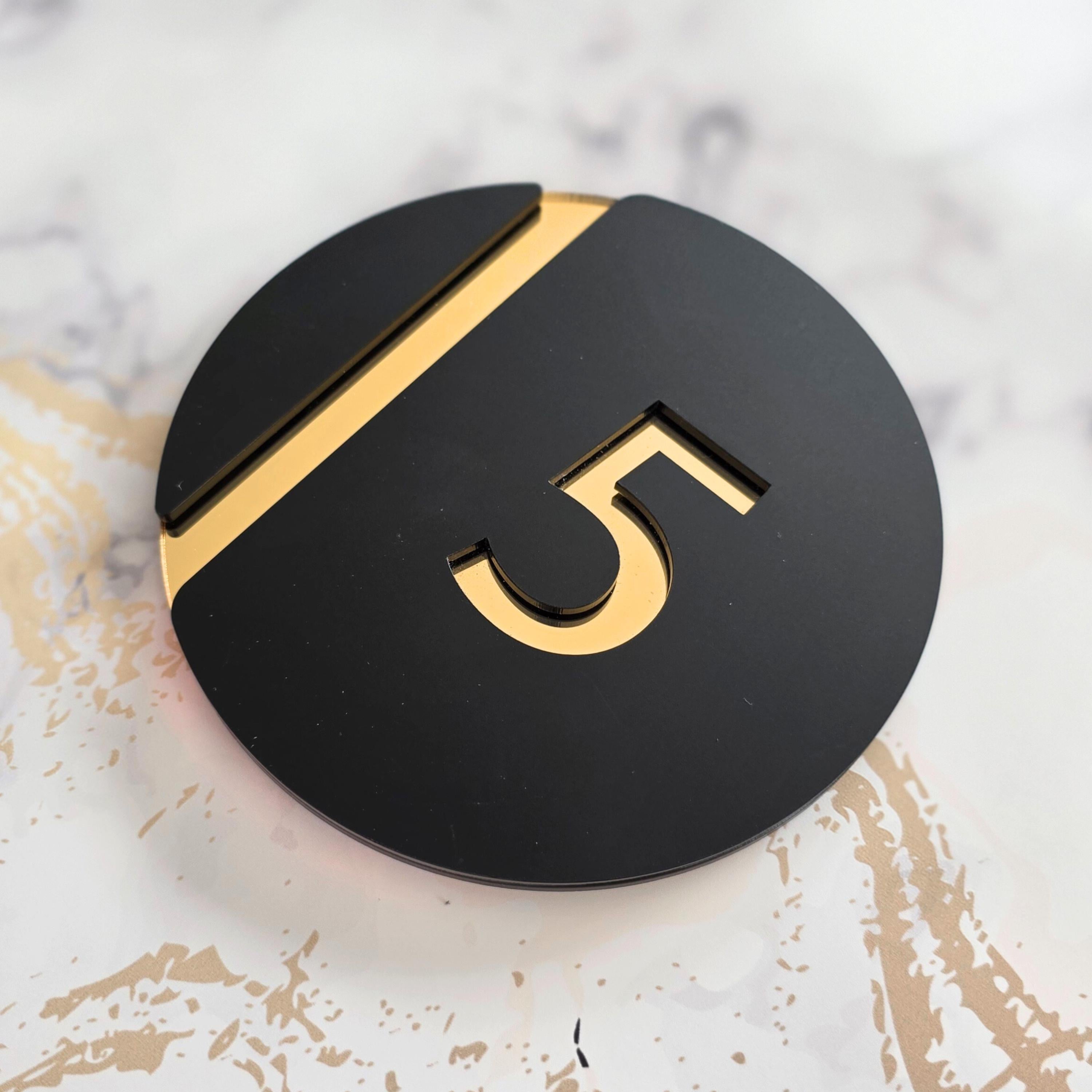 Modern Floating House Sign: Gold Acrylic Numbers on Black Perspex Plaque for Contemporary Homes