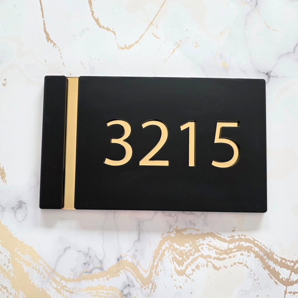 Elegant Modern Grey House Sign with Gold Acrylic Numbers - Minimalist Marble Apartment Door Plaque