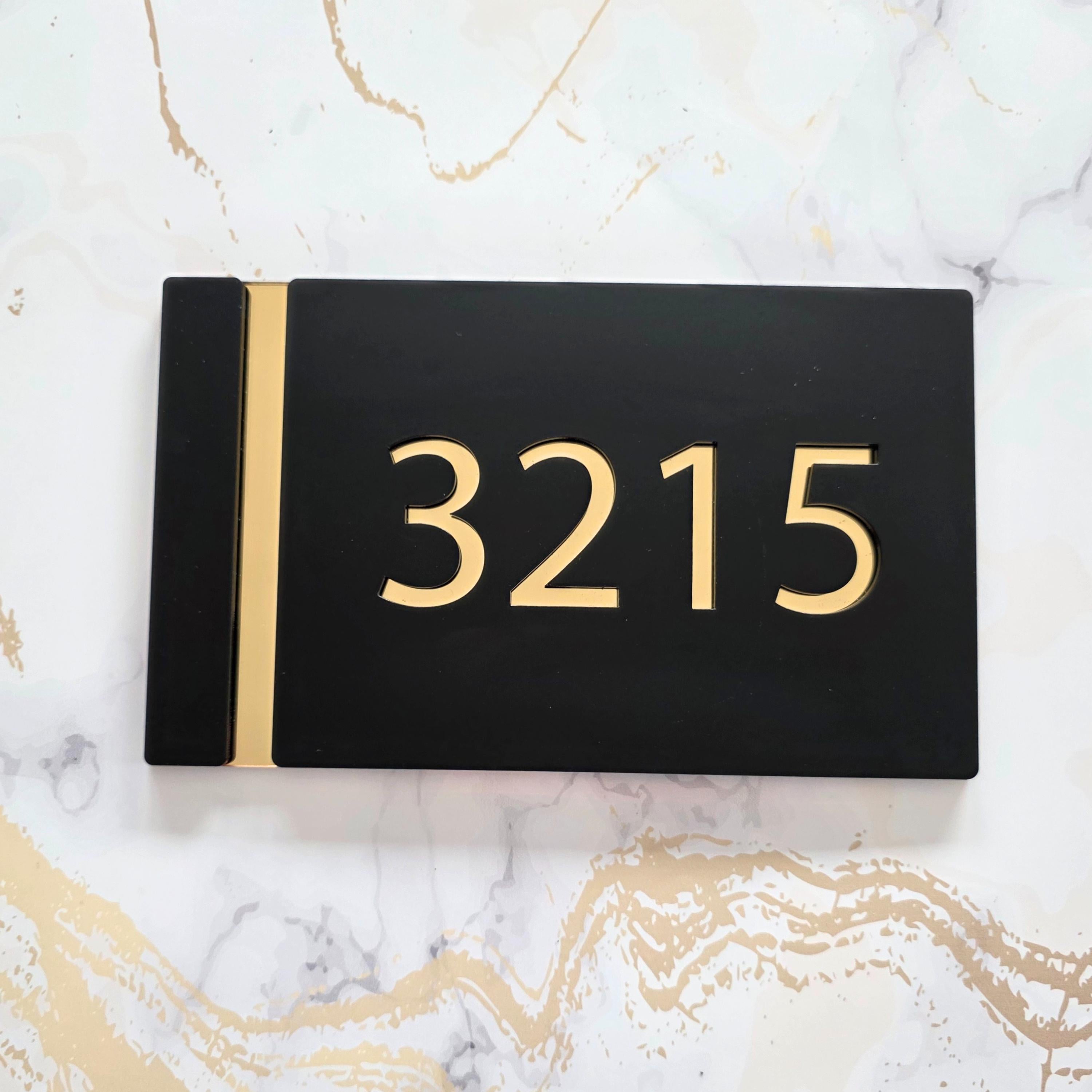 Elegant Modern Grey House Sign with Gold Acrylic Numbers - Minimalist Marble Apartment Door Plaque