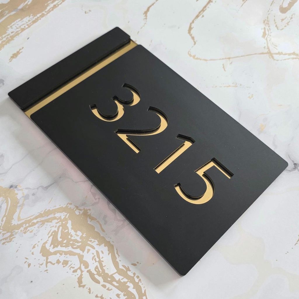 Elegant Modern Grey House Sign with Gold Acrylic Numbers - Minimalist Marble Apartment Door Plaque
