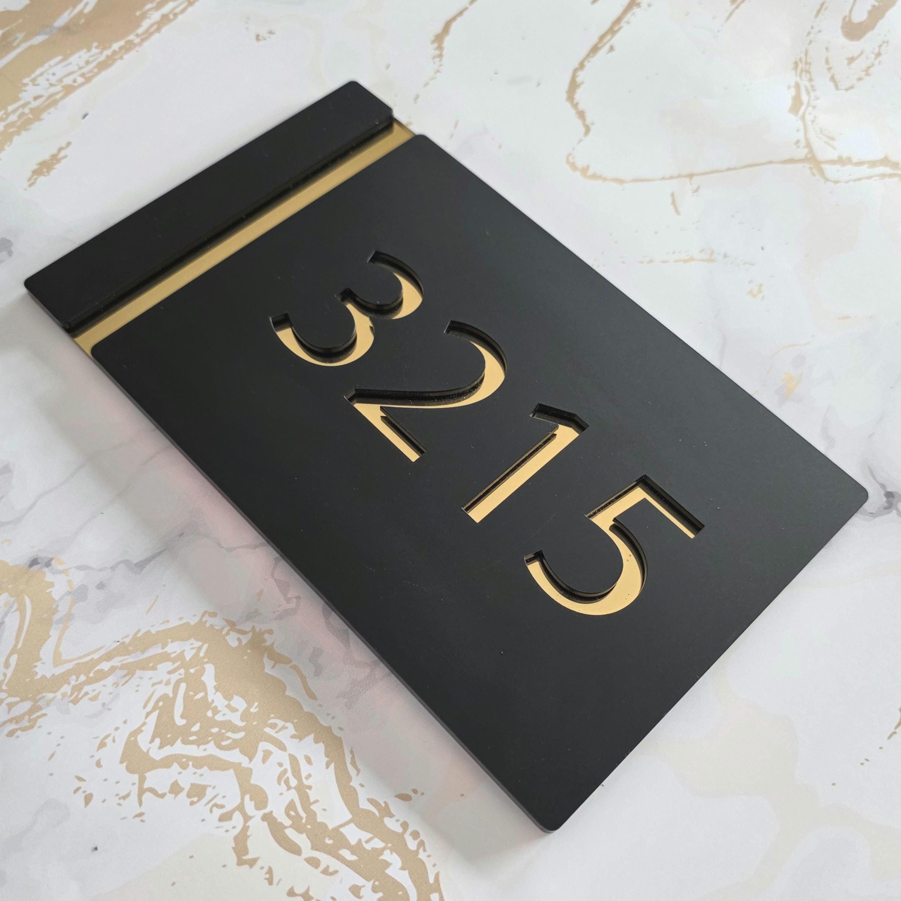 Elegant Modern Grey House Sign with Gold Acrylic Numbers - Minimalist Marble Apartment Door Plaque