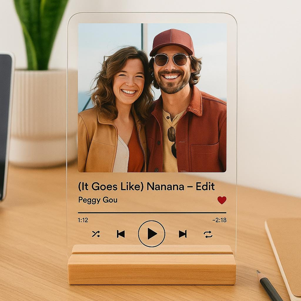 Personalised Acrylic Song Plaque with Photo | Custom Music Plaque with Wooden Stand | Anniversary, Couple Gift, Valentine’s Day