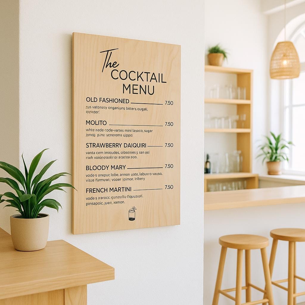 Personalised Wood Laminate Service Menu, Wooden Business Logo Sign, Cocktail Price Board, QR Code Signage Plaque, Salon Event Treatment