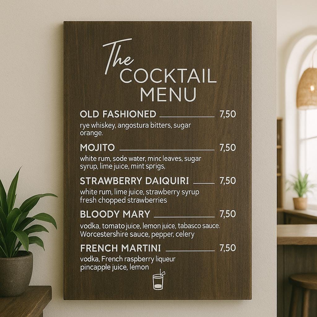 Personalised Wood Laminate Service Menu, Wooden Business Logo Sign, Cocktail Price Board, QR Code Signage Plaque, Salon Event Treatment