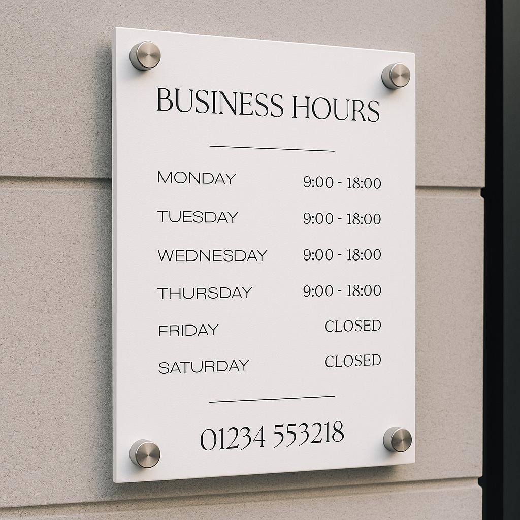 shop opening times and QR code printed on to a acrylic sign that is mounted to the wall using standoff fixings