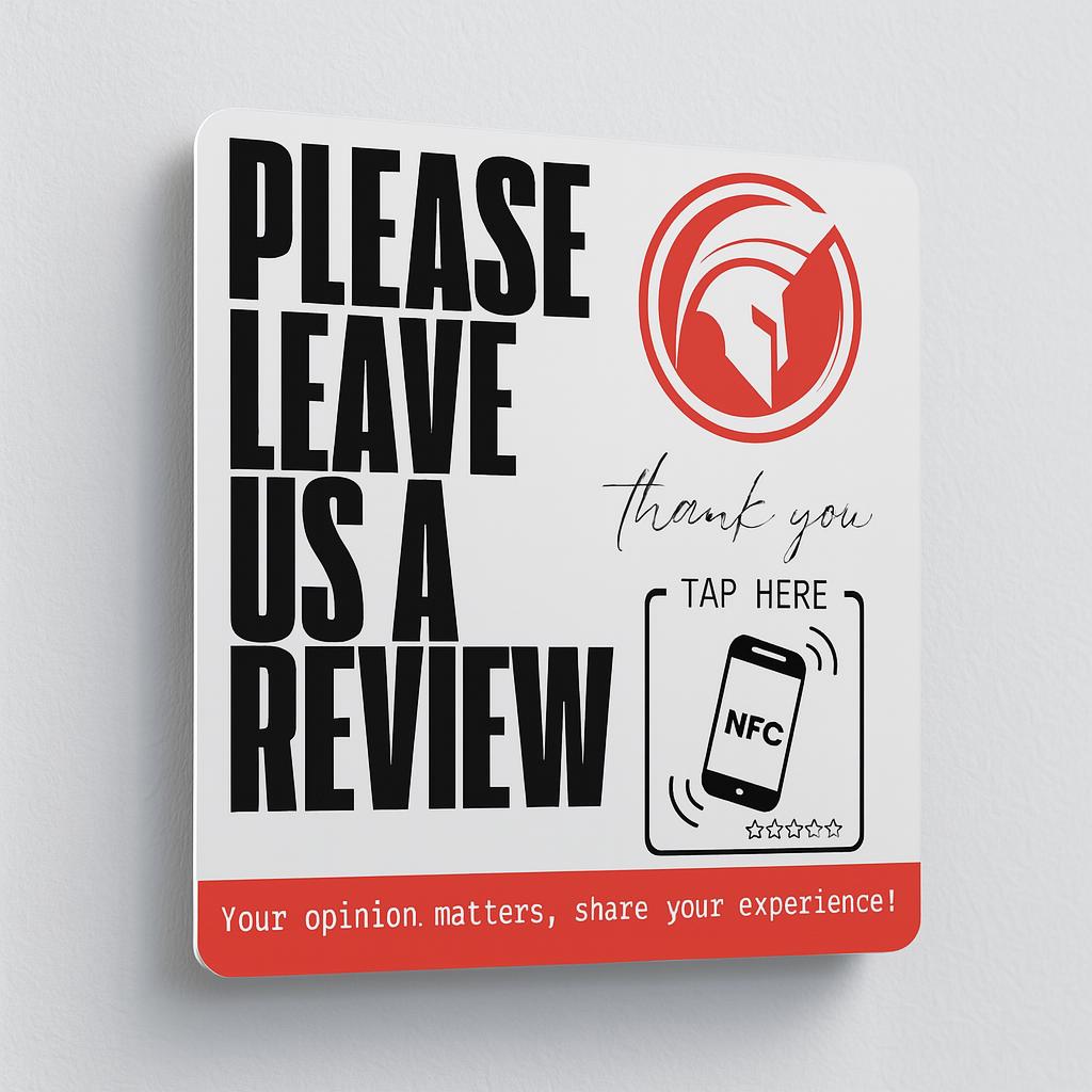 Wall-mounted acrylic Google Review sign with NFC tap and QR code. Features business logo, Google star rating, and 'Tap Your Phone' for easy customer reviews. Ideal for reception areas, salons, restaurants, and offices.