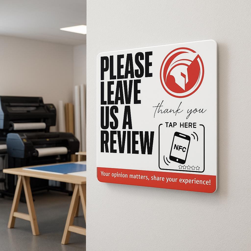 Wall-mounted acrylic Google Review sign with NFC tap and QR code. Features business logo, Google star rating, and 'Tap Your Phone' for easy customer reviews. Ideal for reception areas, salons, restaurants, and offices.