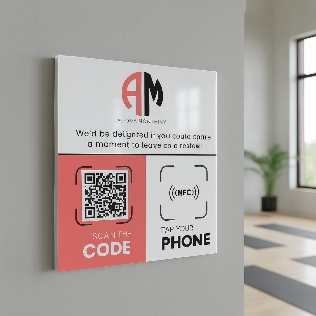 Wall-mounted acrylic Google Review sign with NFC tap and QR code. Features business logo, Google star rating, and 'Tap Your Phone' for easy customer reviews. Ideal for reception areas, salons, restaurants, and offices.