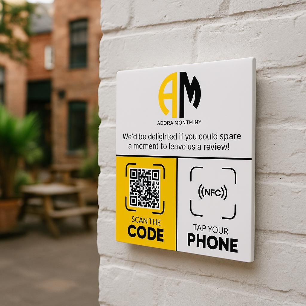 Wall-mounted acrylic Google Review sign with NFC tap and QR code. Features business logo, Google star rating, and 'Tap Your Phone' for easy customer reviews. Ideal for reception areas, salons, restaurants, and offices.