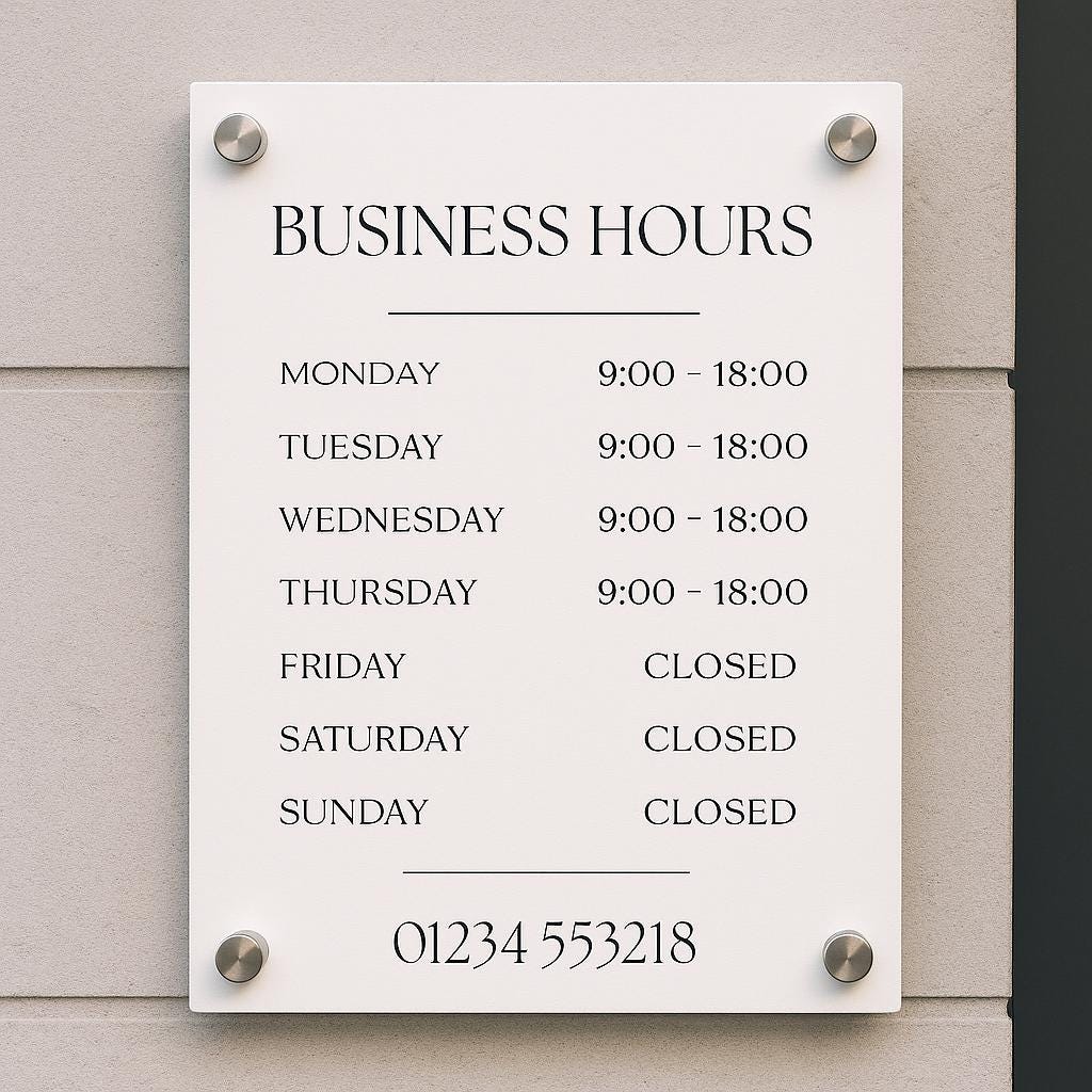shop opening times and QR code printed on to a acrylic sign that is mounted to the wall using standoff fixings