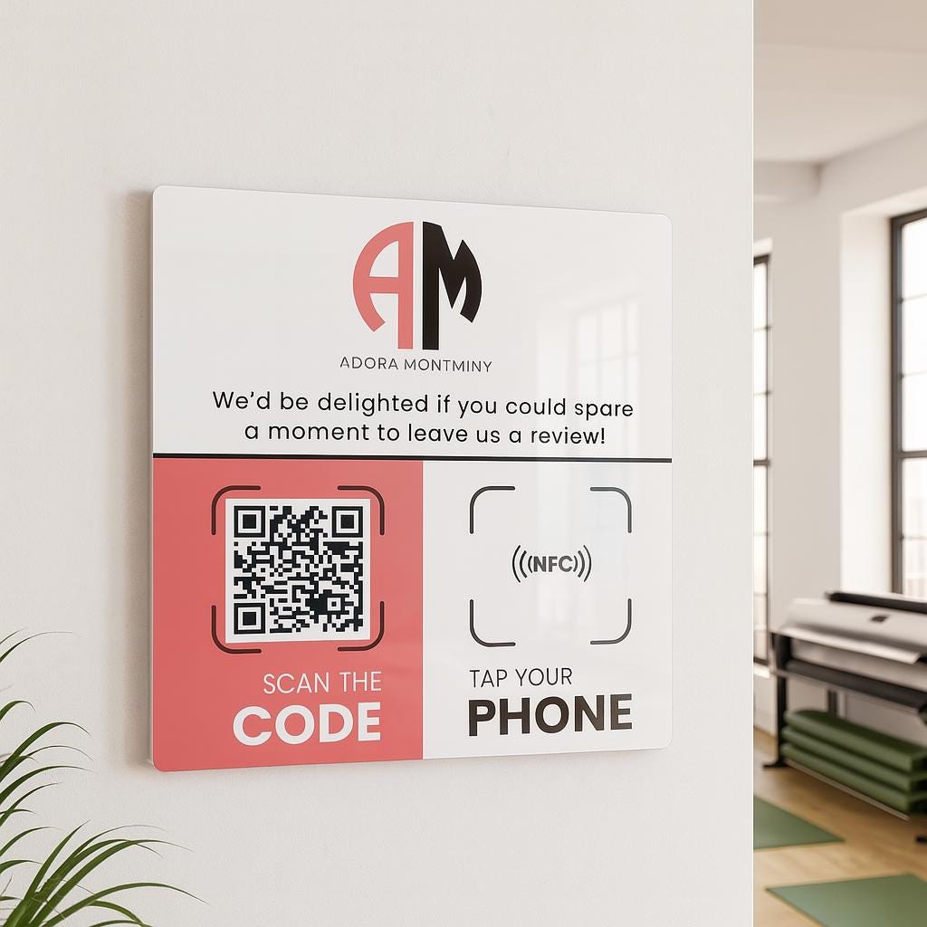 Wall-mounted acrylic Google Review sign with NFC tap and QR code. Features business logo, Google star rating, and 'Tap Your Phone' for easy customer reviews. Ideal for reception areas, salons, restaurants, and offices.