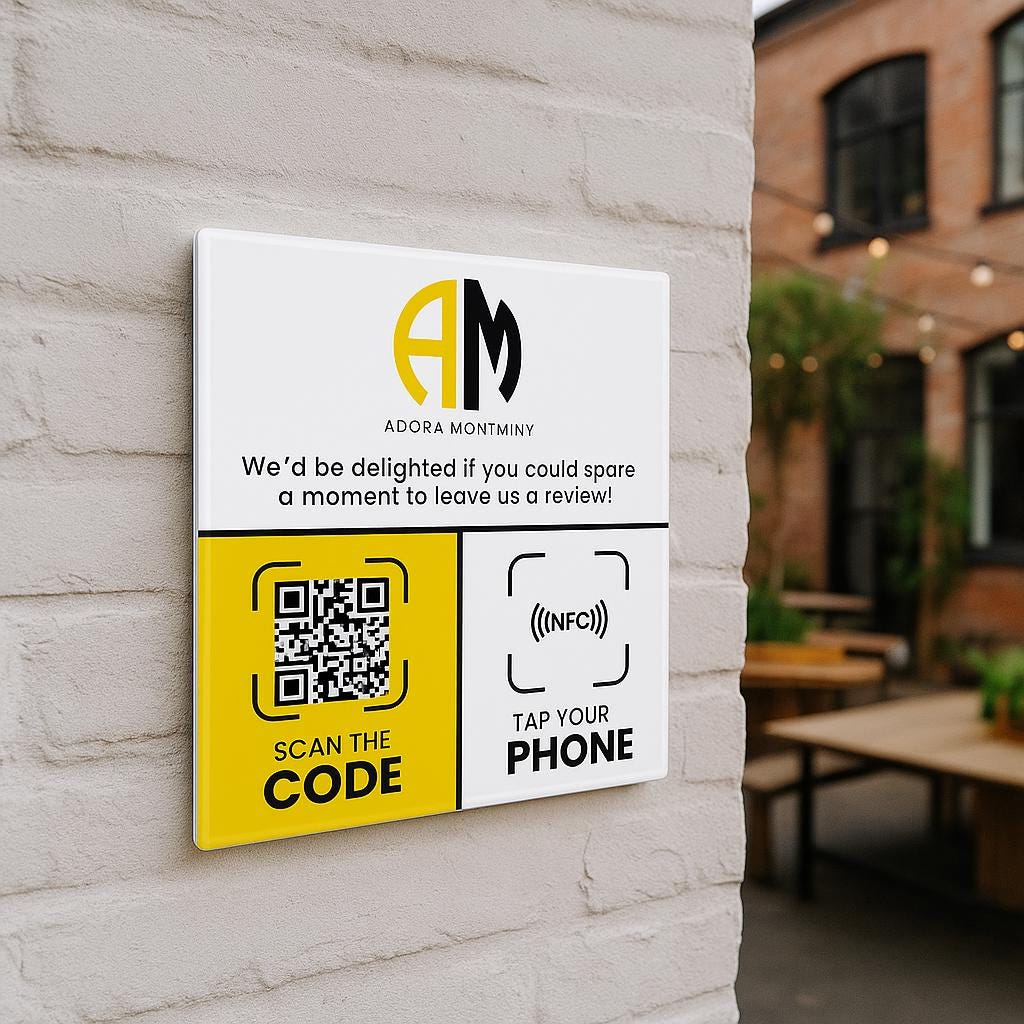 Wall-mounted acrylic Google Review sign with NFC tap and QR code. Features business logo, Google star rating, and 'Tap Your Phone' for easy customer reviews. Ideal for reception areas, salons, restaurants, and offices.