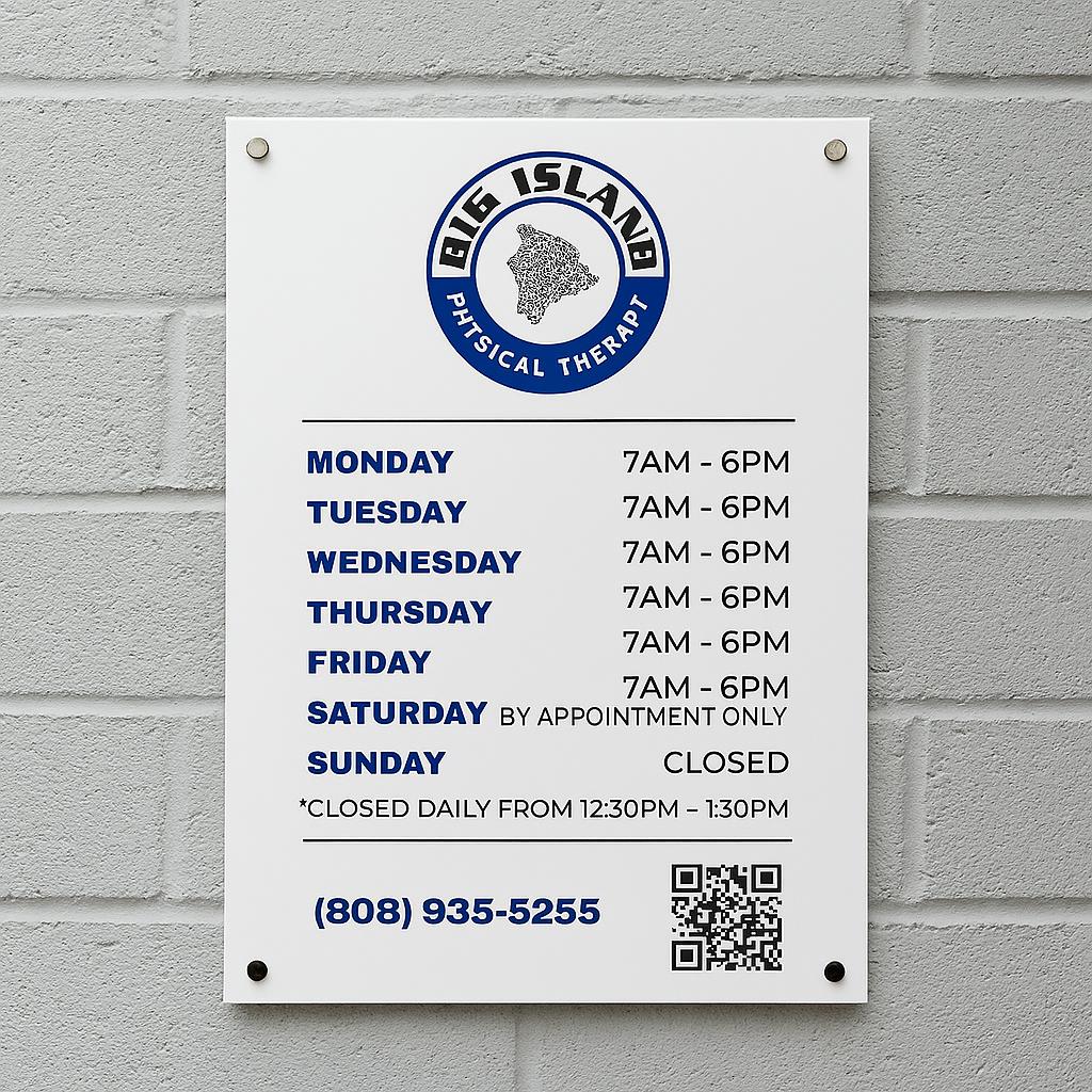 shop opening times and QR code printed on to a acrylic sign that is mounted to the wall using standoff fixings