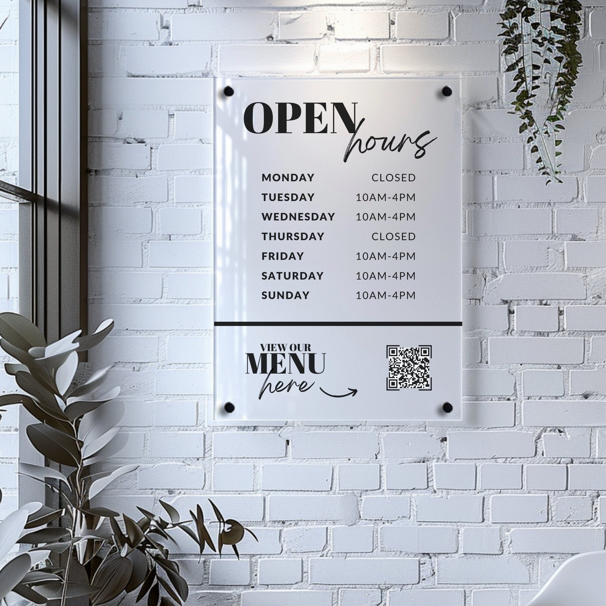 personalised business shop open times hours, wall mounted acrylic sign, scan to connect QR code sign, tap to pay