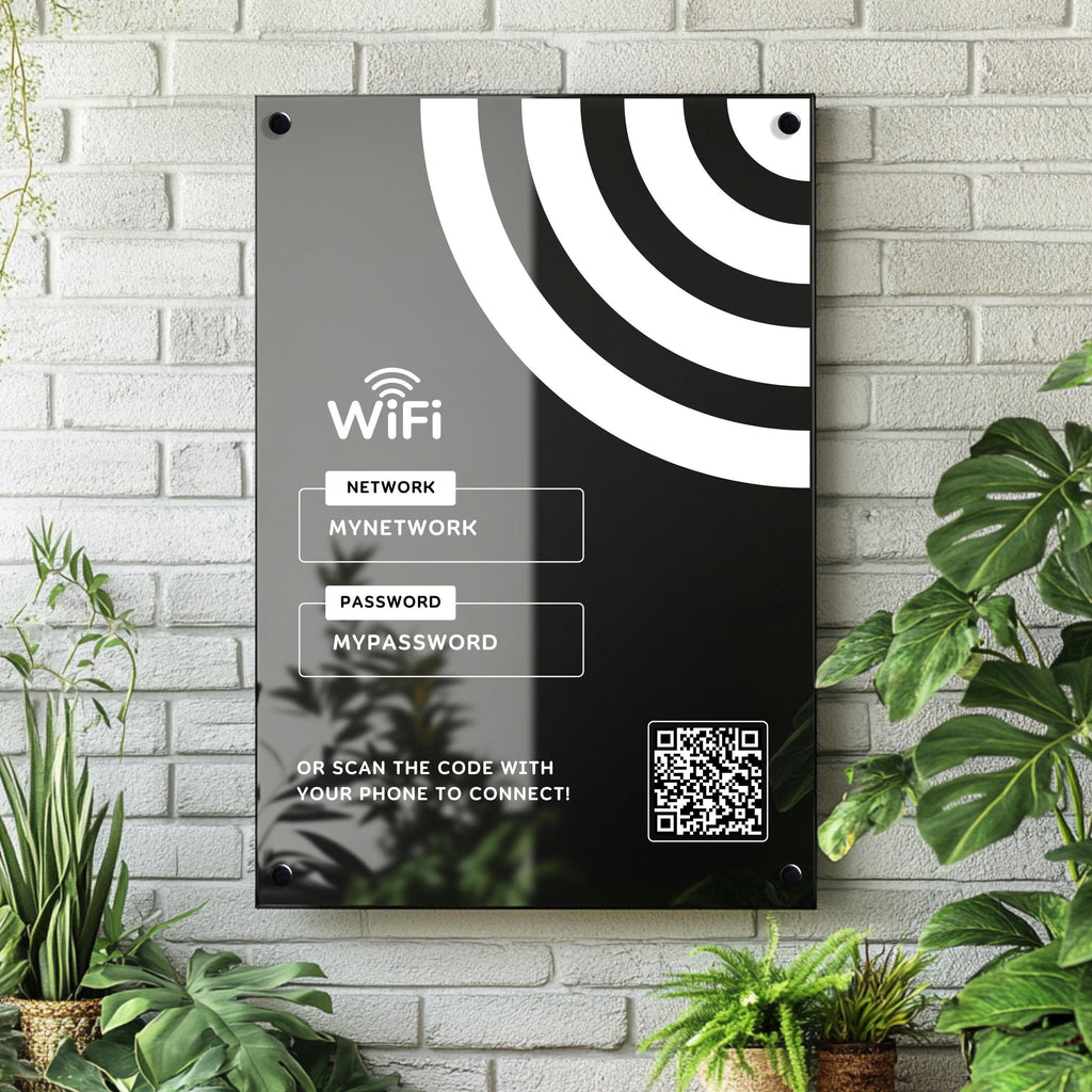 wifi acrylic wall sign, scan to connect QR code sign for AirBNB holiday rental, home, office or small business. personalised logo acrylic sign