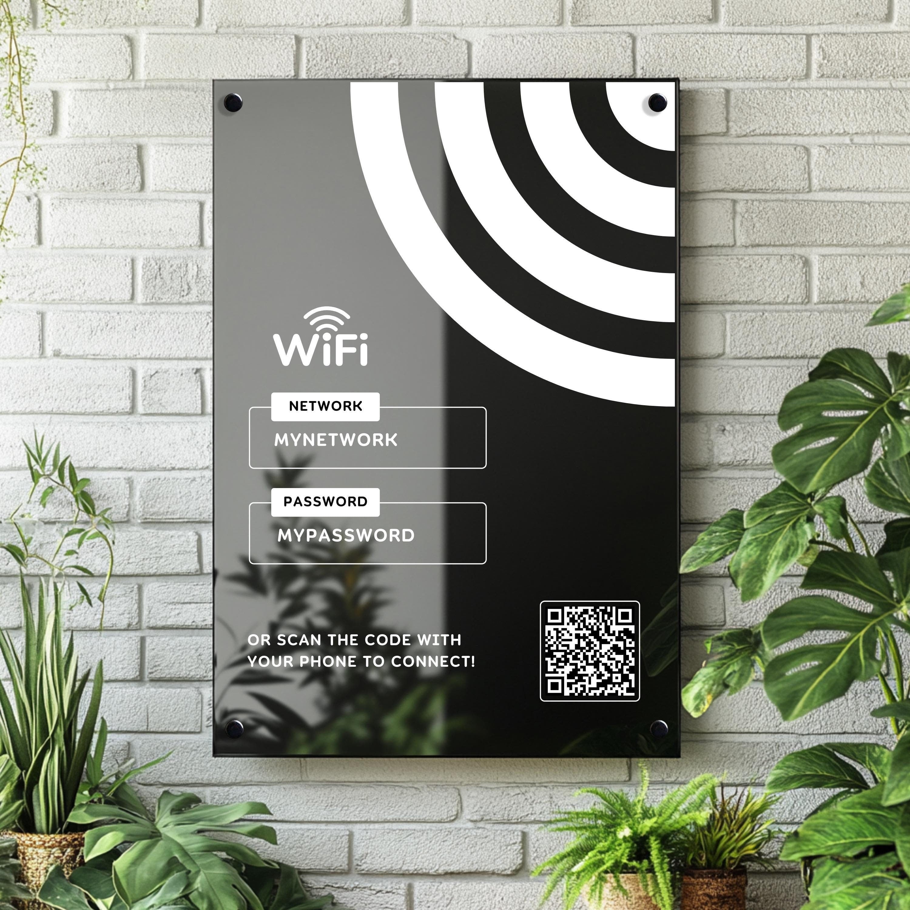 wifi acrylic wall sign, scan to connect QR code sign for AirBNB holiday rental, home, office or small business. personalised logo acrylic sign