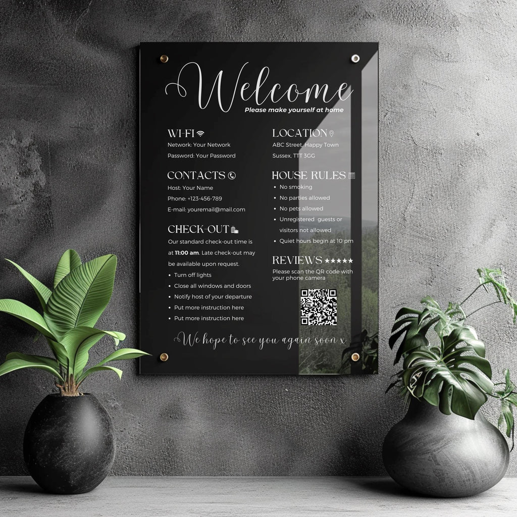White AirBNB guest information acrylic sign, wall mounted personalised holiday rental information board with QR code review