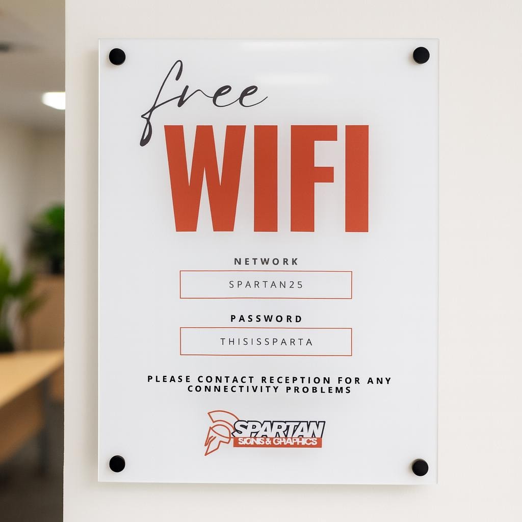 free WiFi acrylic business logo sign. white gloss wall mounted WiFi password. black wall fixings.