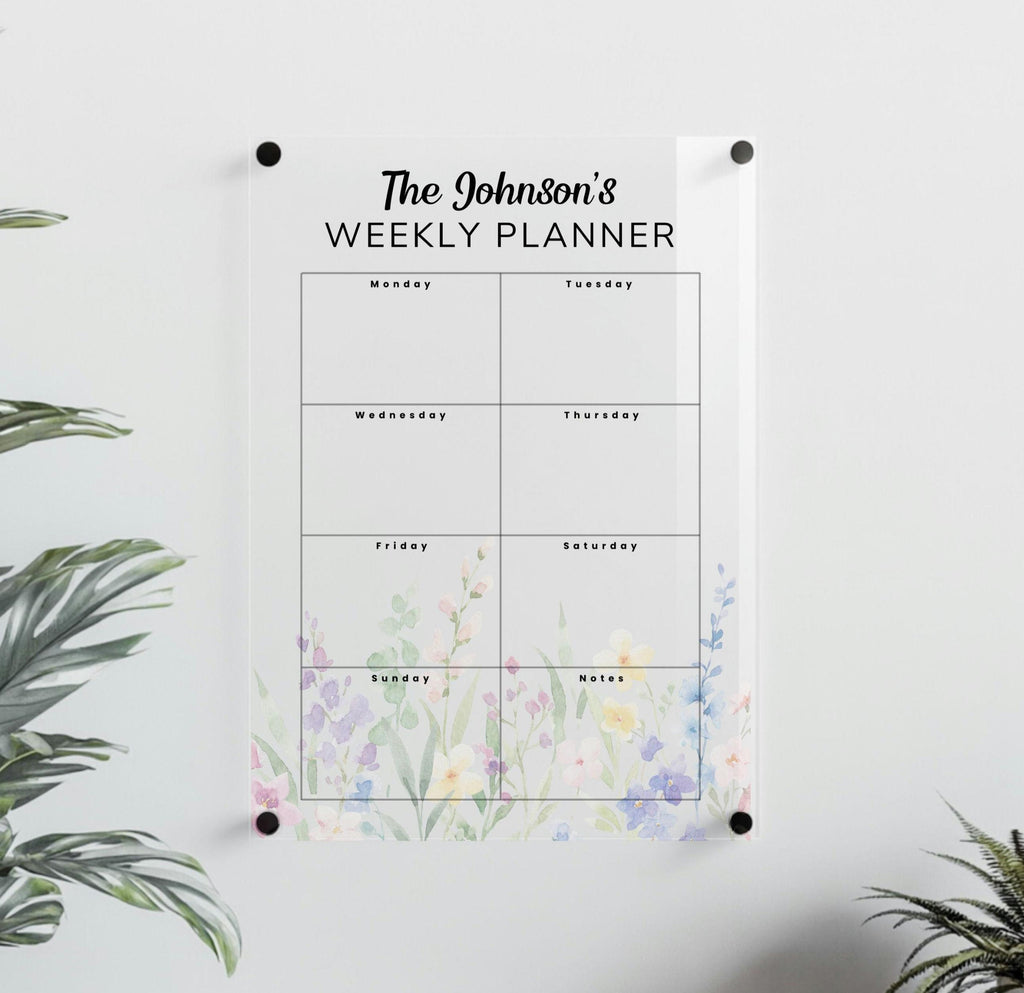 personalised Acrylic Wall planner, dry erase family planner for walls, planner for fridges glass plastic ceramics. Floral design modern minimalist. premium. ByVictoriaMaxwell