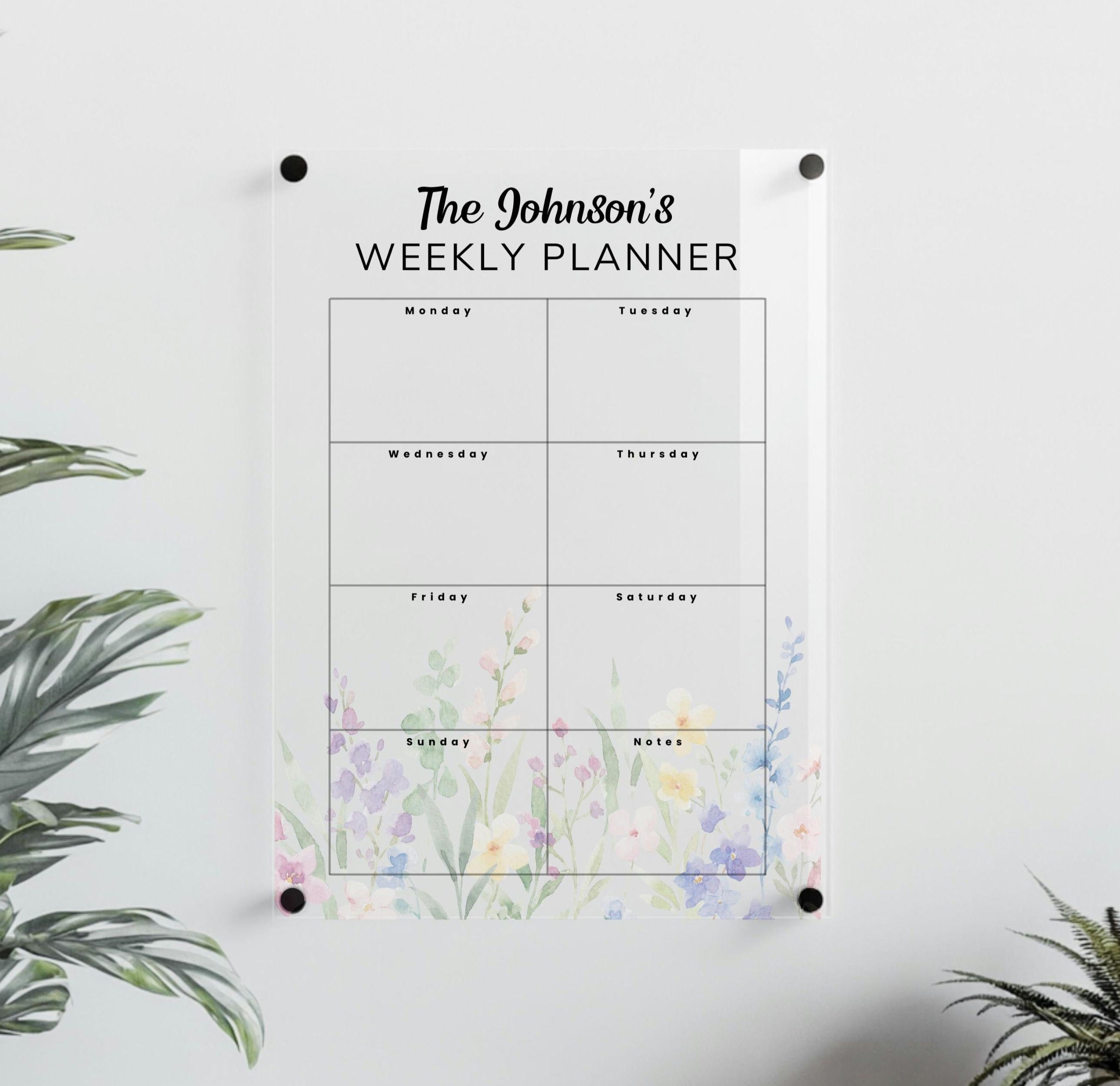 personalised Acrylic Wall planner, dry erase family planner for walls, planner for fridges glass plastic ceramics. Floral design modern minimalist. premium. ByVictoriaMaxwell