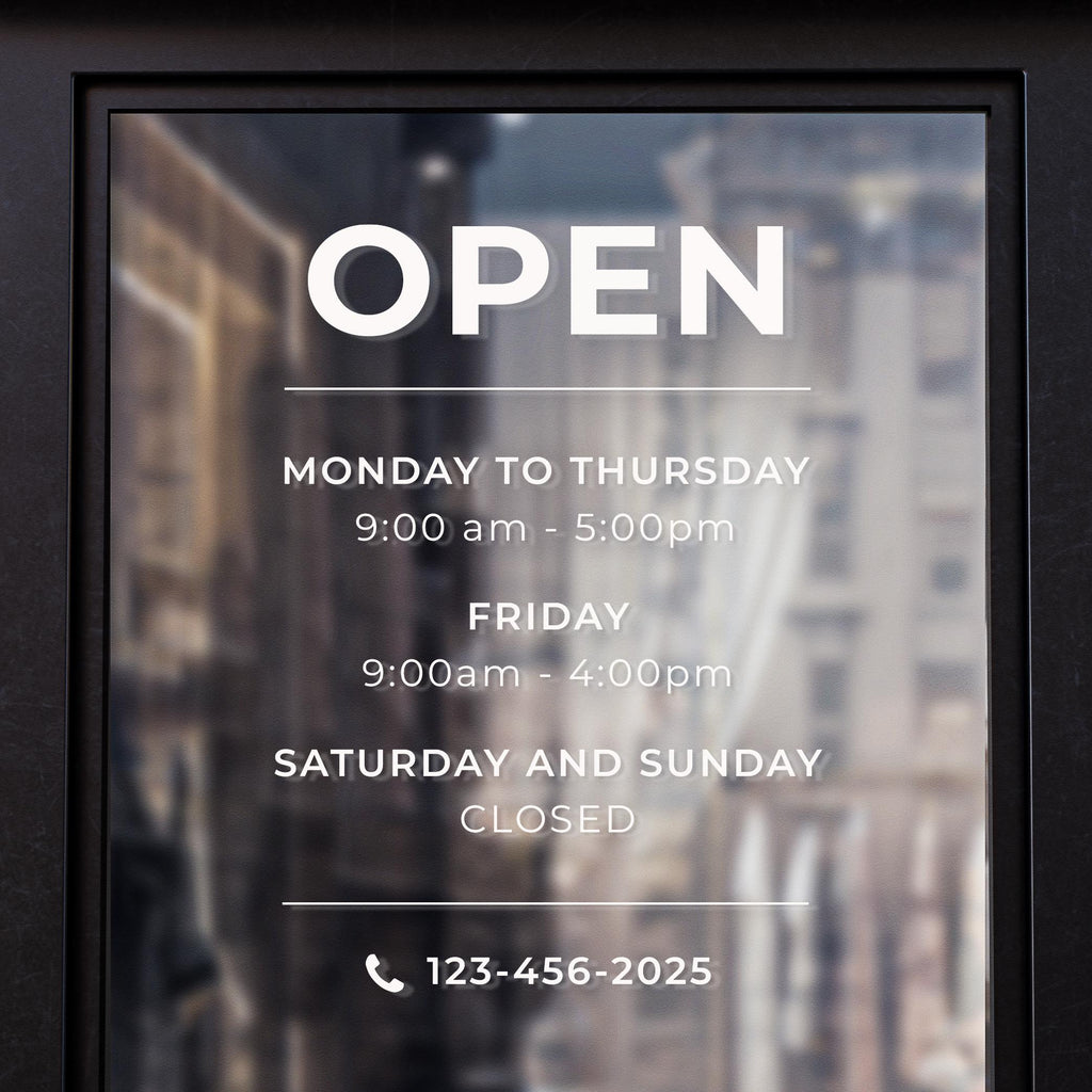 Shop Window Opening Hours Decal – Custom Business Hours Window Sticker Vinyl – Premium Long-Life Window Hours Decal (Indoor/Outdoor)