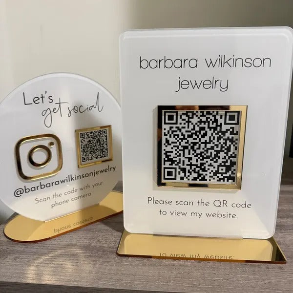 Custom Acrylic QR Code Business Sign with Gold Mirror Instagram Logo, Website QR Code Display and Personalised Branding by V&C Designs