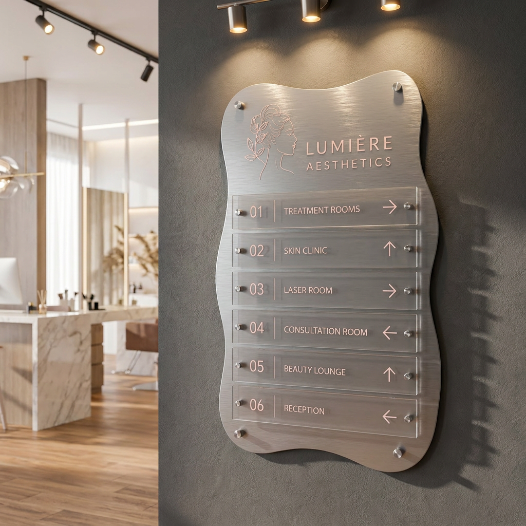 Luxury architectural directory sign manufactured from brushed silver aluminium composite with floating 5mm clear acrylic directory panels and silver aluminium stand-off fixings for premium office and reception wayfinding