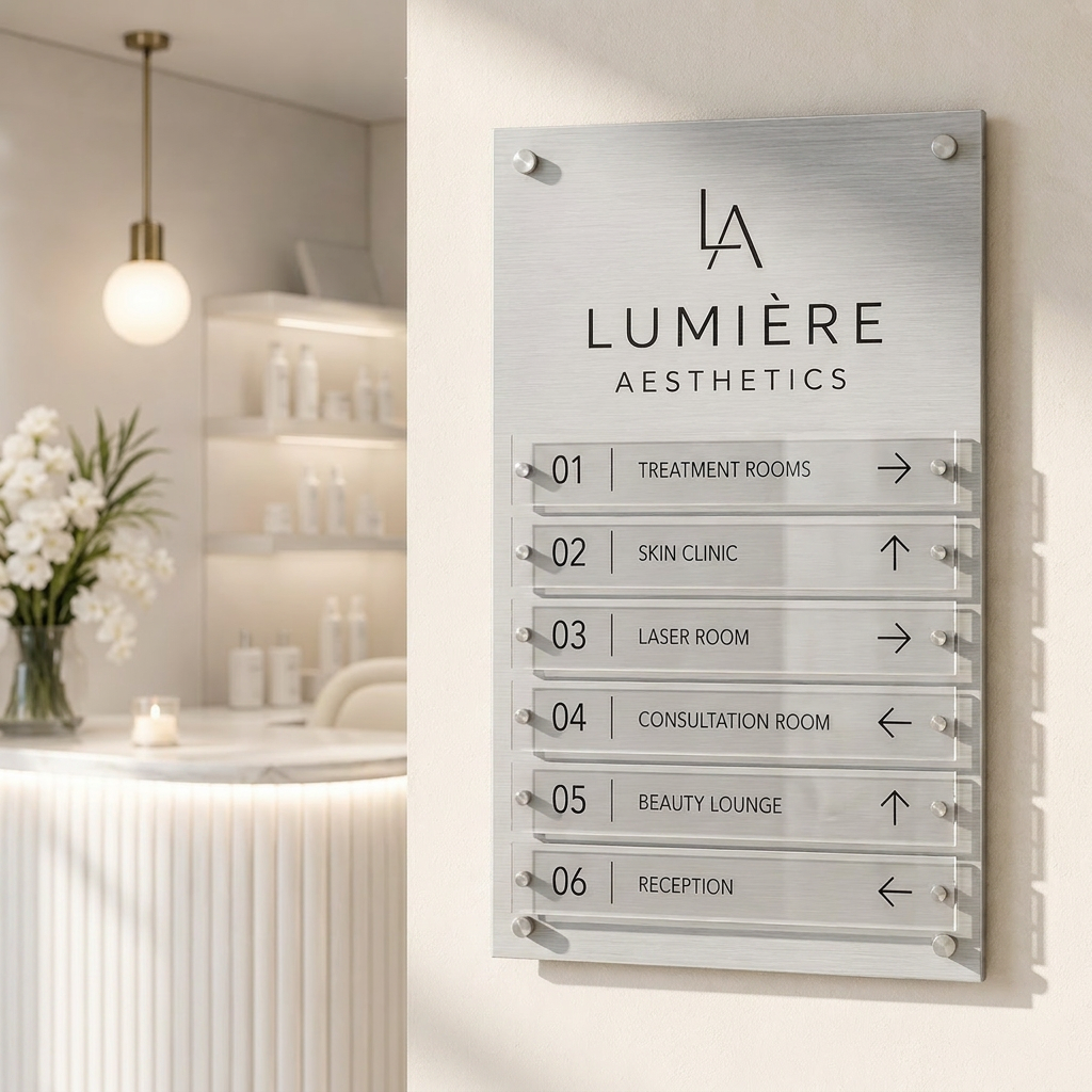 Luxury brushed silver ACM directory sign with floating 5mm clear acrylic directory panels mounted using silver aluminium stand-off fixings for a premium office reception wayfinding system.