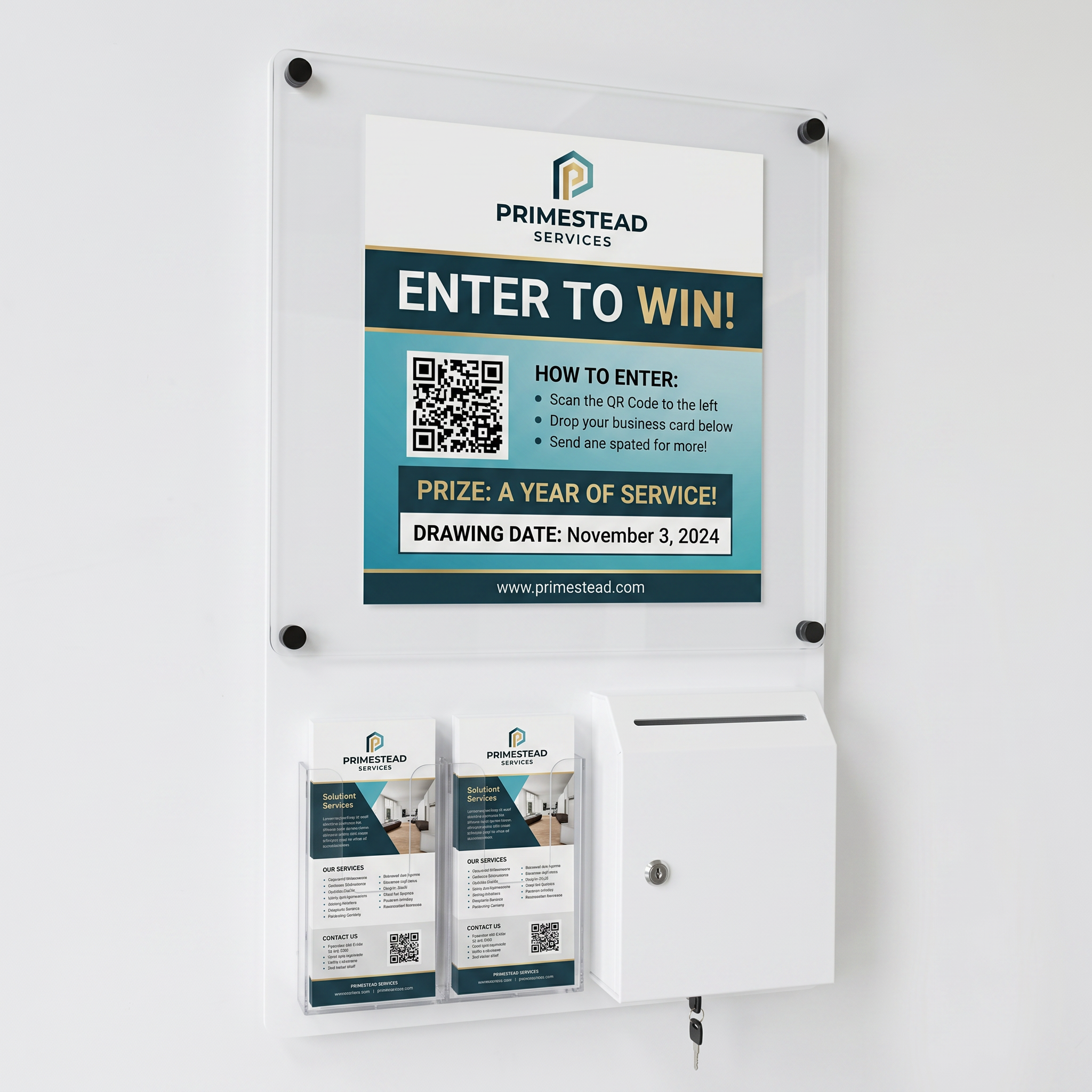 Promotional poster for PrimeStead Services on a notice board with QR code and contest details.