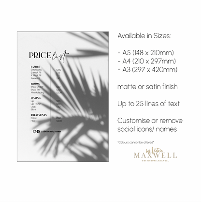 Shadow Palm Price List Print - Giclee - V&C Designs Ltd