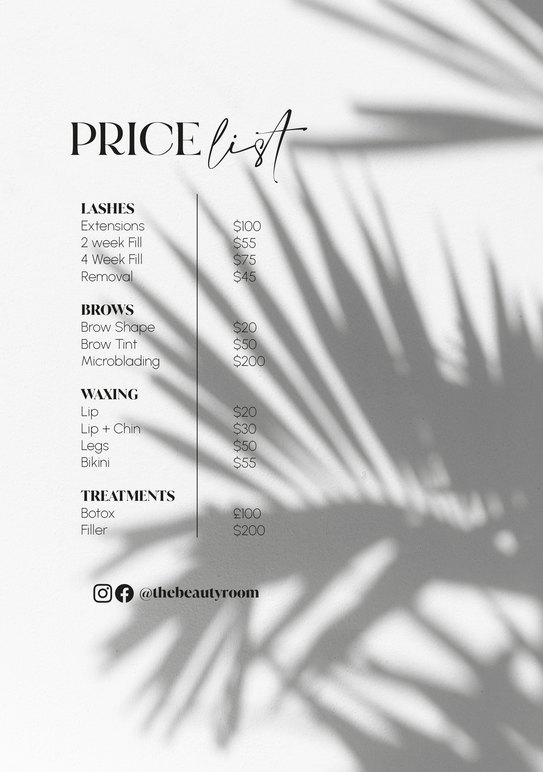 Shadow Palm Price List Print - Giclee - V&C Designs Ltd
